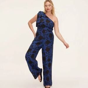 Target X Kate Spade One Shoulder Floral Jumpsuit Women's Sze 16 Blue Linen Blend